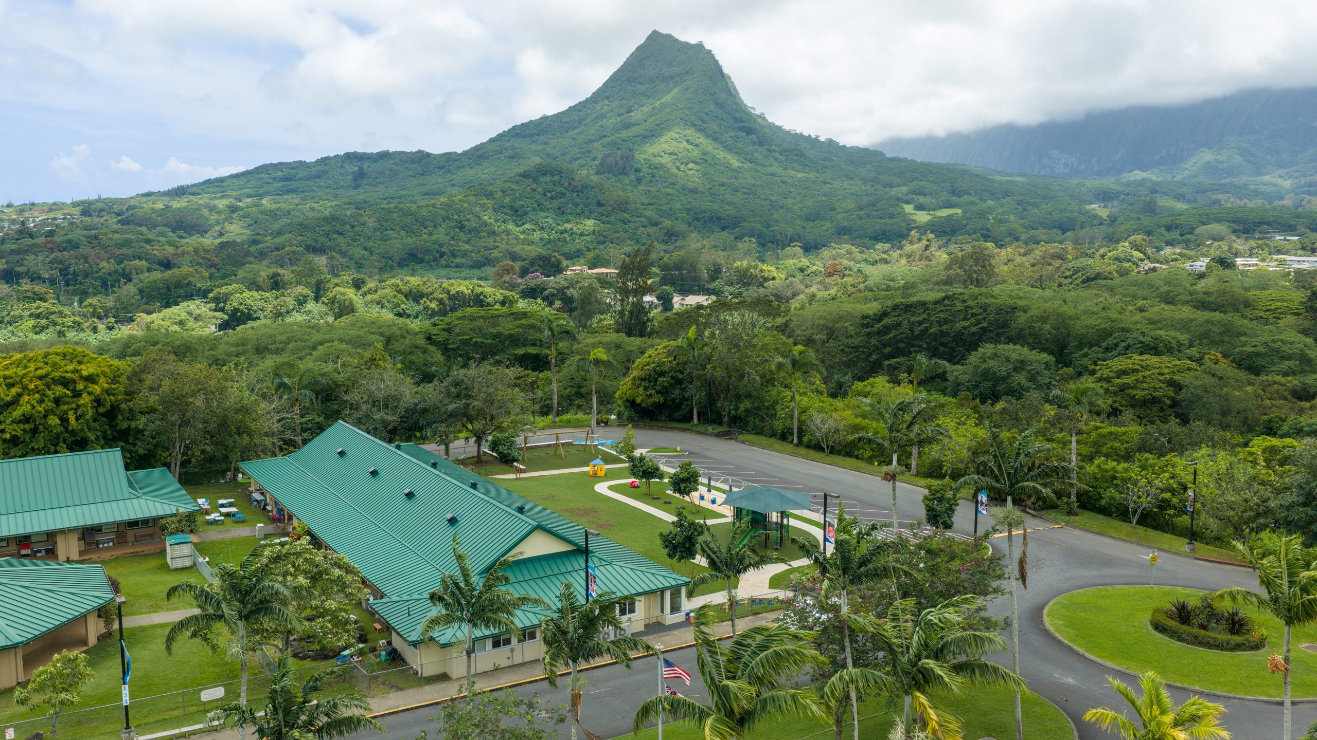 Le Jardin Academy campus with Olomana rising behind